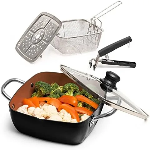 moss stone 5 pcs black copper chef cookware non stick deep frying pan fry basket steamer rack dishwasher oven safe 5 qt deep square pan induction copper cookware set 95 x 35